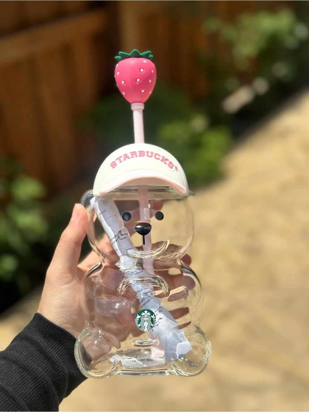 Starbucks Clear Bear Sipper Bottle with Pink Hat & Strawberry Straw Top